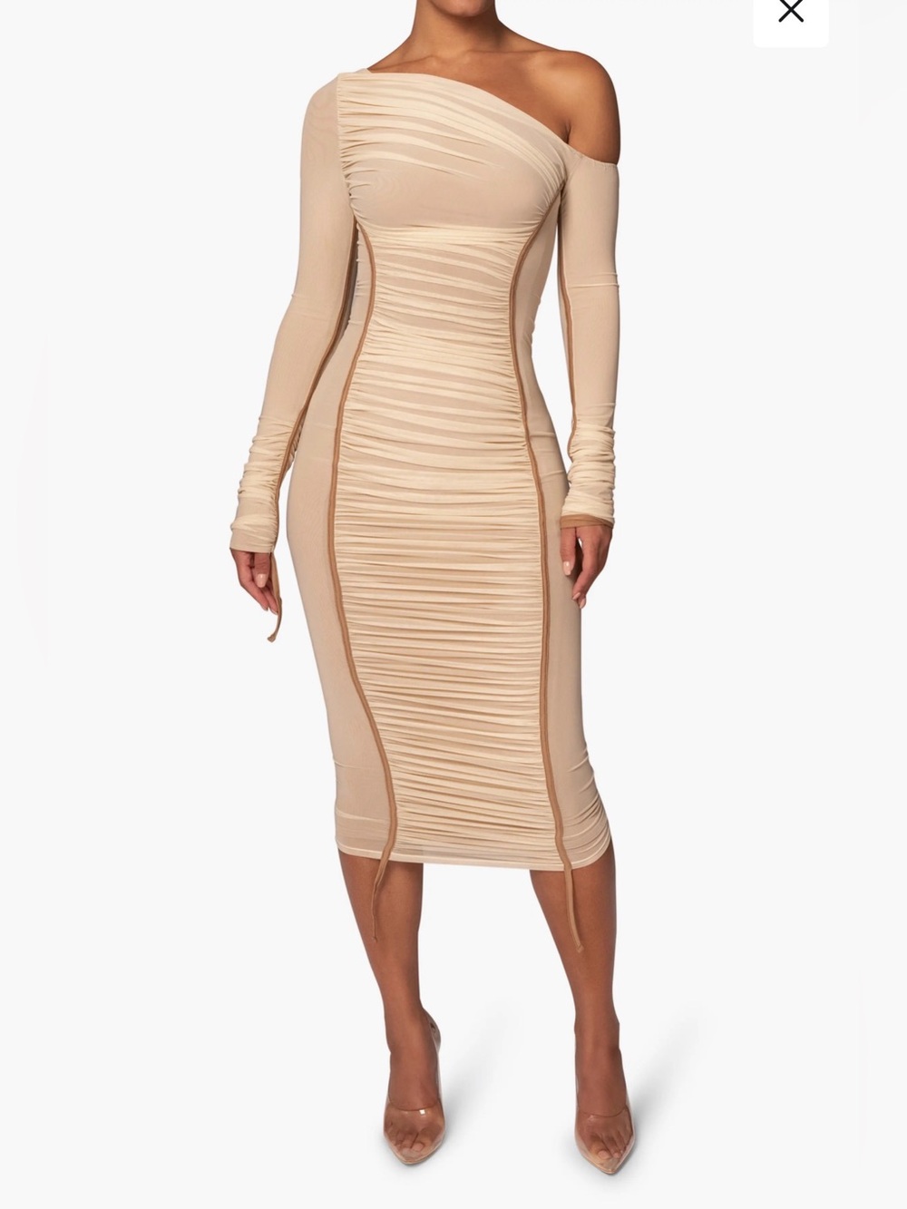 JLUXLABEL One-Shoulder Beige Bodycon Dress with Contrast Seams